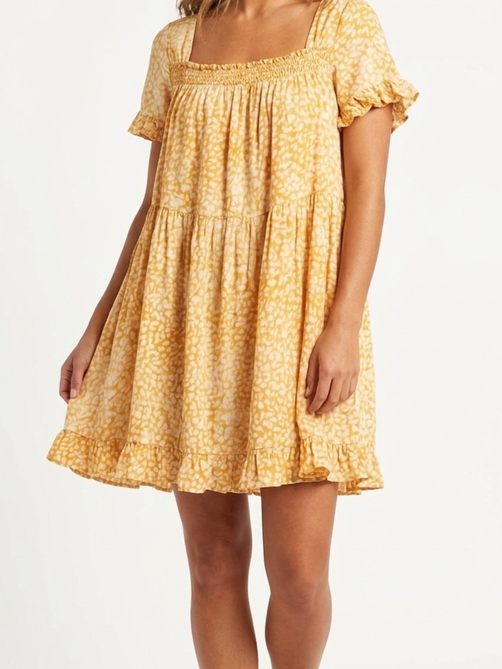 Easel Yellow Printed Square-Neck Babydoll Dress Large